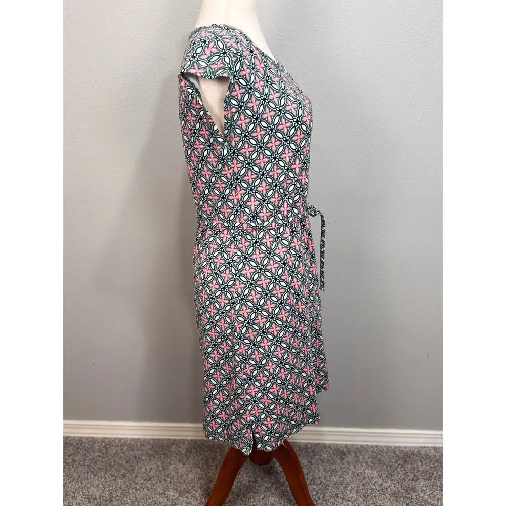 Talbots dress knit green white pink pattern cap sleeve scoop neck self tie Sz M - Picture 4 of 10